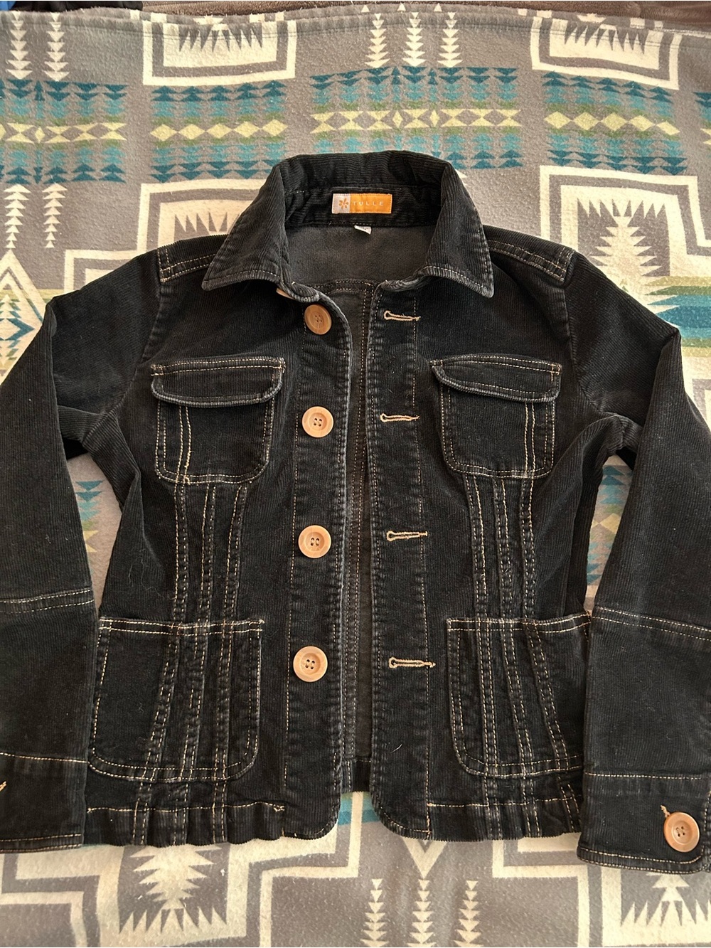 Black Women's Tulle Corduroy Jacket with Contrast Stitching